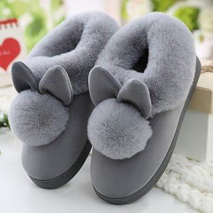 Women Velvet Slippers Furry Rabbit Ears Soft Comfortable Home Slippers